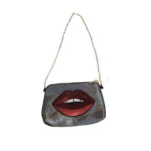 NEW cross body bag purse silver glitter red lips gold chain